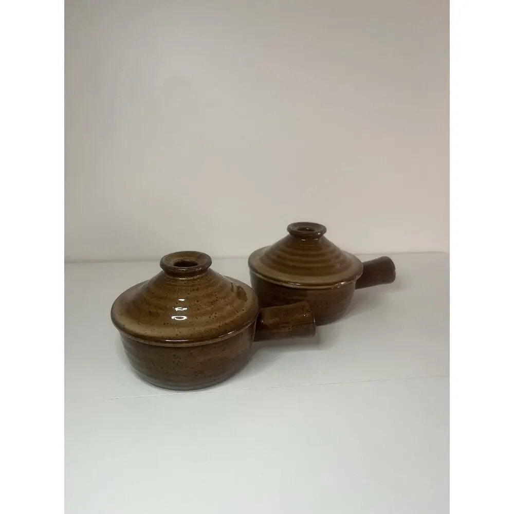 Set Of Vintage Mini Ceramic Crockpot w/ Lid Speckled Stoneware Handled Soup Bowl